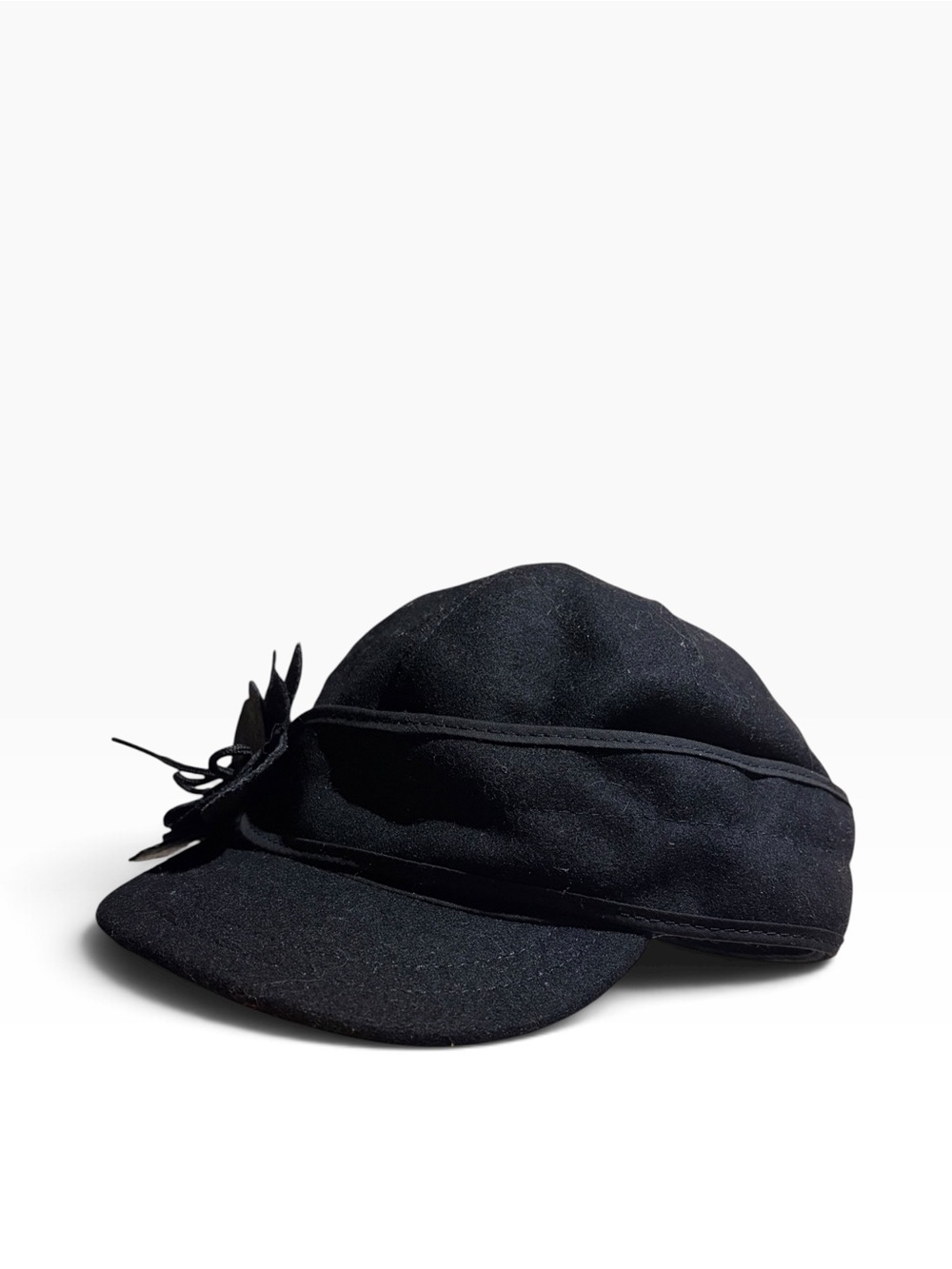 STORMY KROMER WOMEN'S PETAL PUSHER CAP Black Wool Hat Floral Appliqué 7 3/8